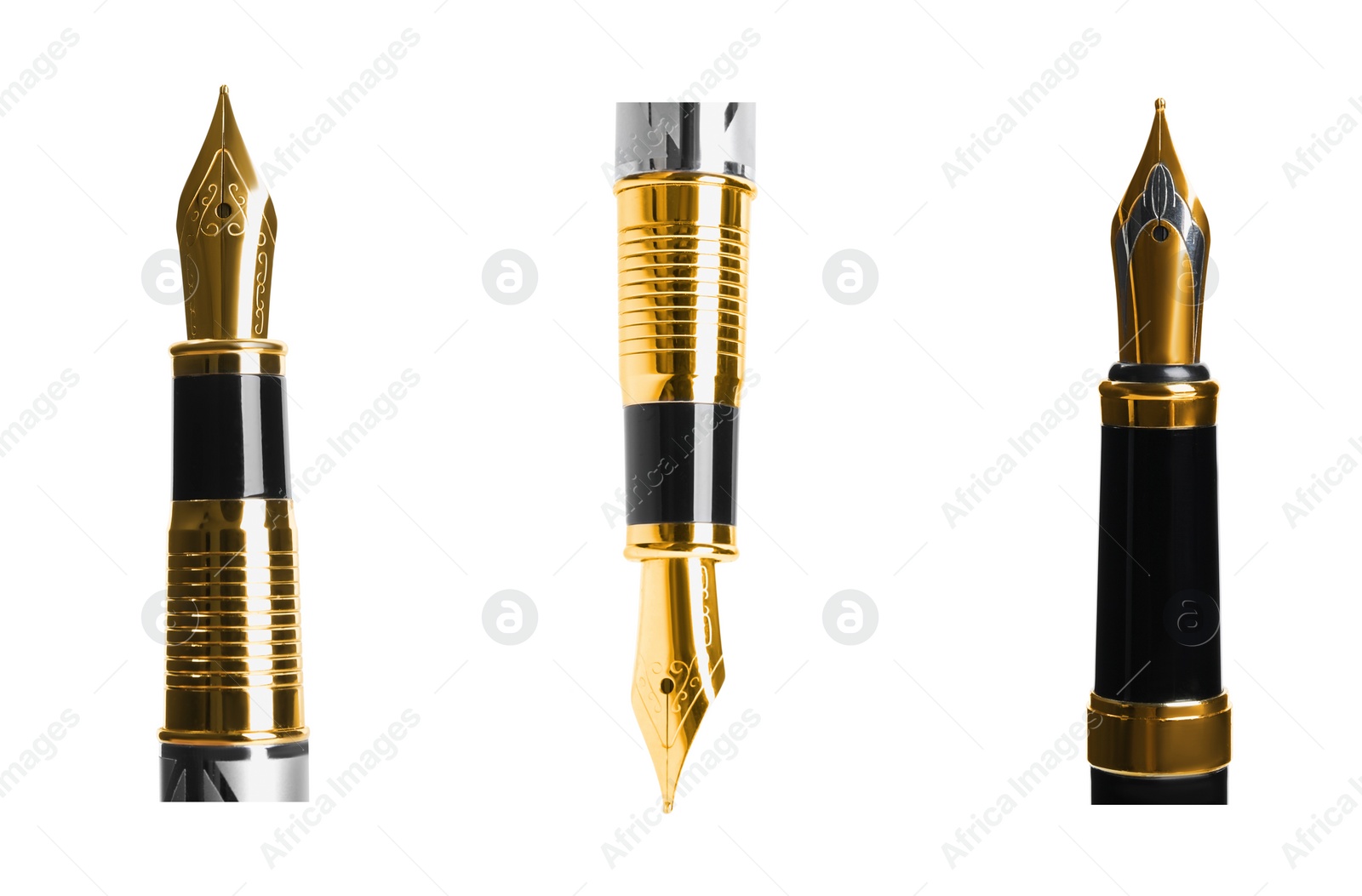 Image of Set with different beautiful fountain pens on white background