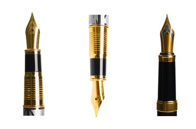 Image of Set with different beautiful fountain pens on white background