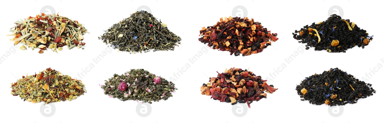 Image of Set with aromatic herbal tea on white background. Banner design