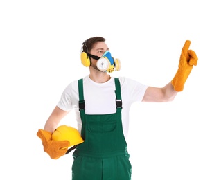 Photo of Male industrial worker in uniform on white background. Safety equipment