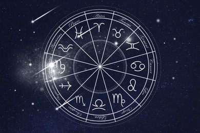 Zodiac wheel showing 12 signs against night sky