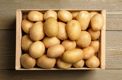 Raw fresh organic potatoes on wooden background, top view