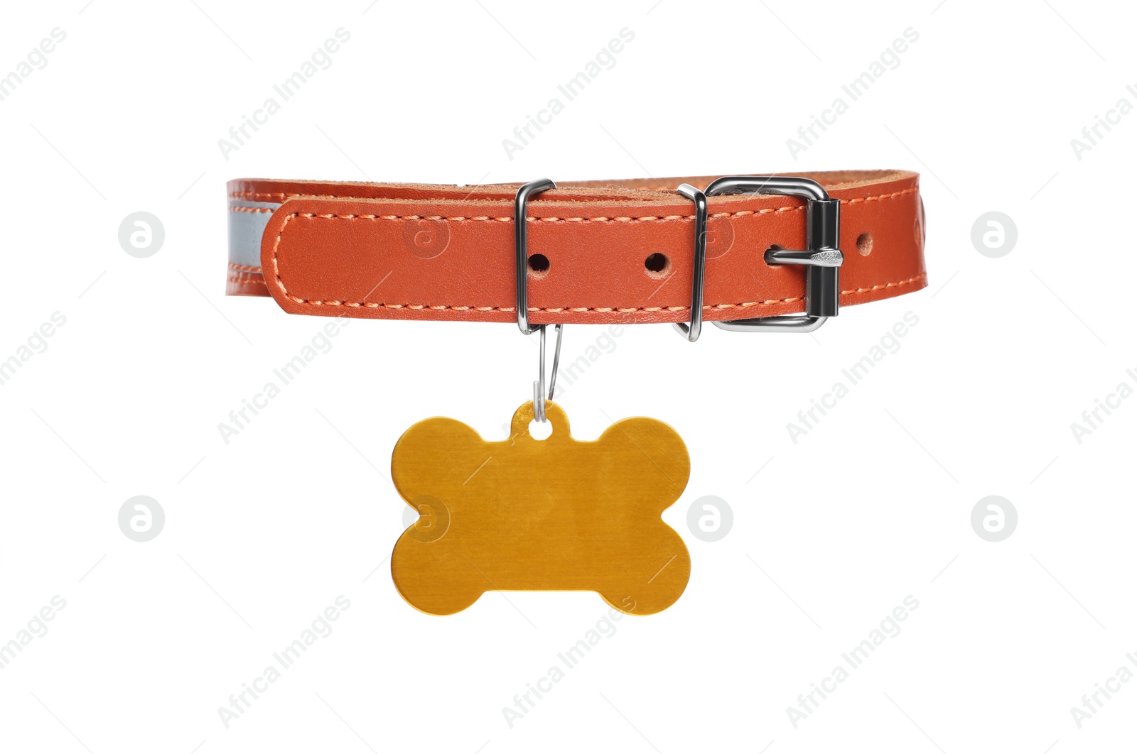 Photo of Brown leather dog collar with bone shaped tag isolated on white