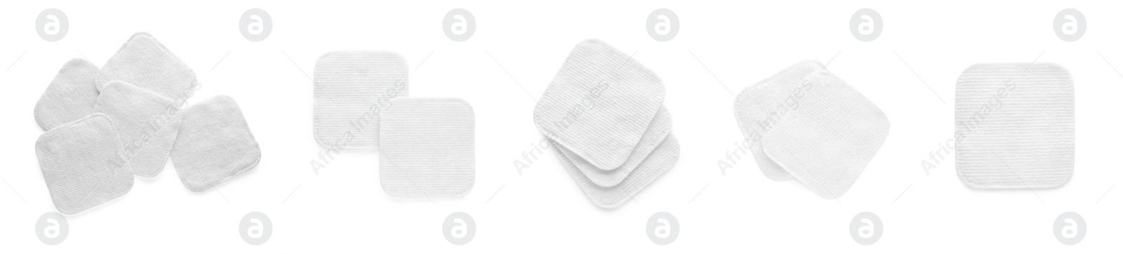 Image of Set with soft clean cotton pads on white background, top view. Banner design