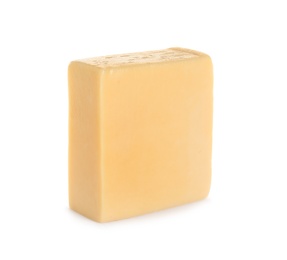 Photo of Piece of delicious cheese on white background