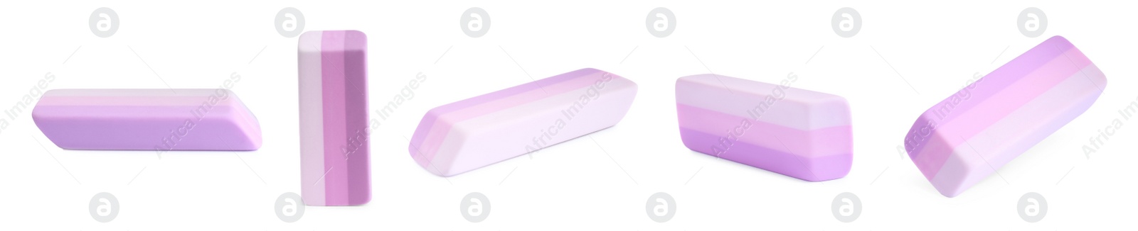 Image of Collage of rubber erasers on white background. Banner design