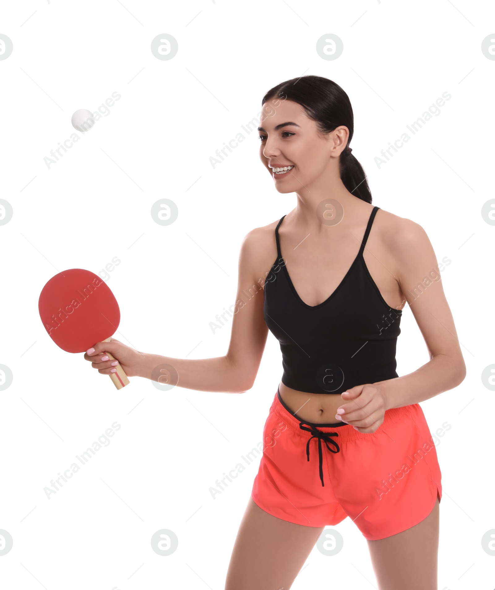 Photo of Beautiful young woman with table tennis racket and ball on white background. Ping pong player