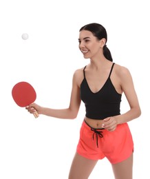Photo of Beautiful young woman with table tennis racket and ball on white background. Ping pong player