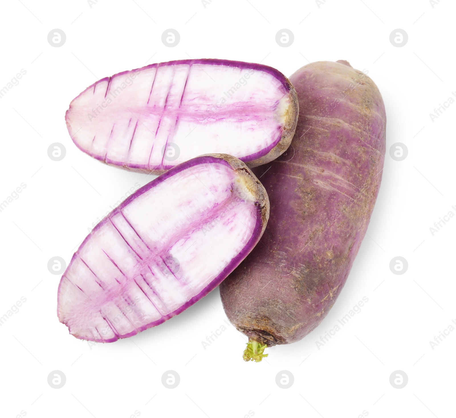 Photo of Ripe purple daikon radishes isolated on white, top view