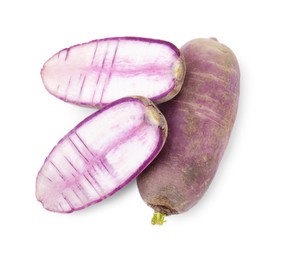 Photo of Ripe purple daikon radishes isolated on white, top view