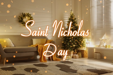 Saint Nicholas Day. Stylish room with Christmas decorations