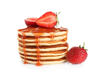 Photo of Stack of delicious pancakes with fresh strawberries and syrup on white background