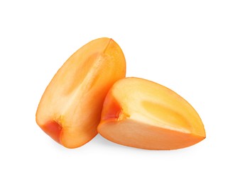 Photo of Pieces of fresh persimmon fruit isolated on white, top view