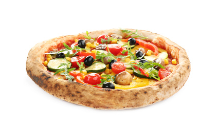 Photo of Delicious hot vegetable pizza on white background