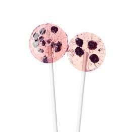 Photo of Sweet colorful lollipops with berries on white background