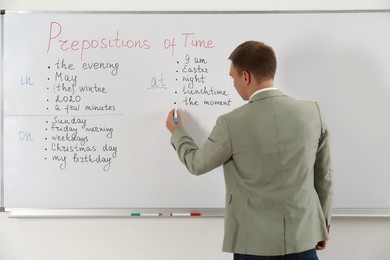 English teacher giving lesson on prepositions of time near whiteboard in classroom, back view