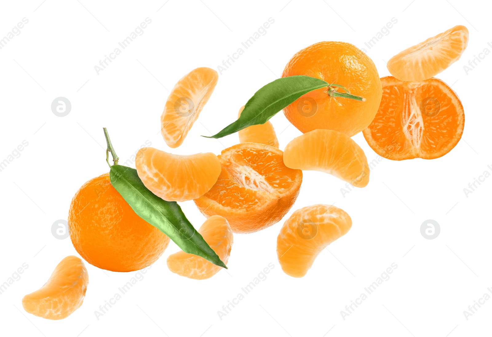 Image of Tasty fresh tangerines falling on white background