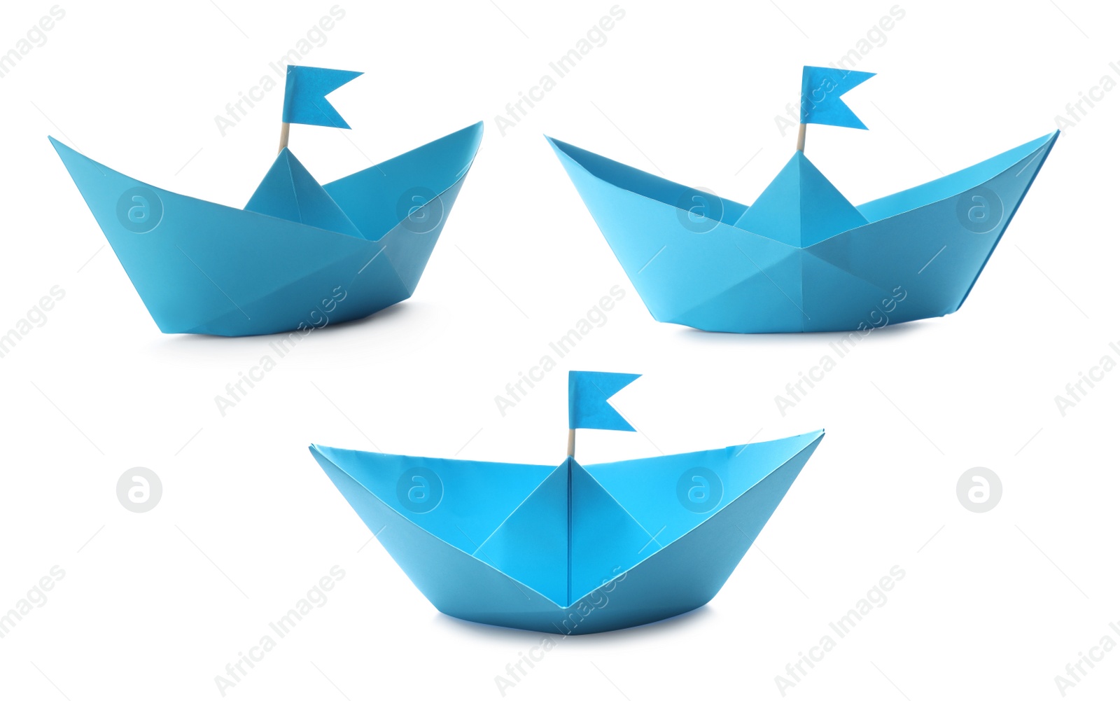 Image of Light blue paper boats with flags on white background, collage