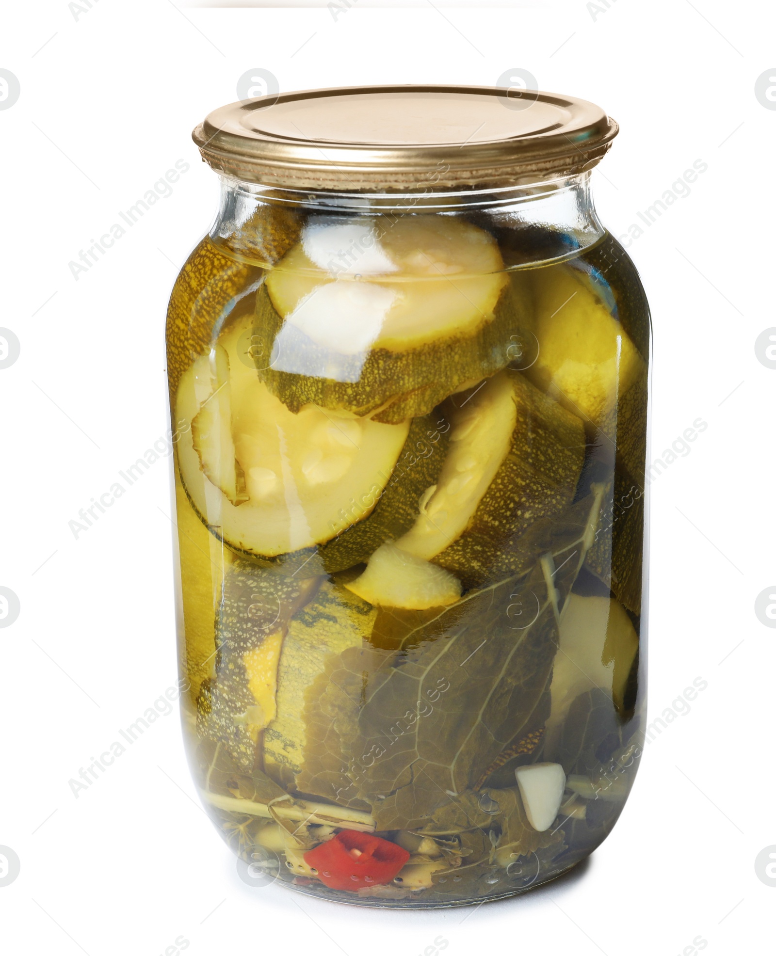 Photo of Glass jar with pickled zucchinis isolated on white