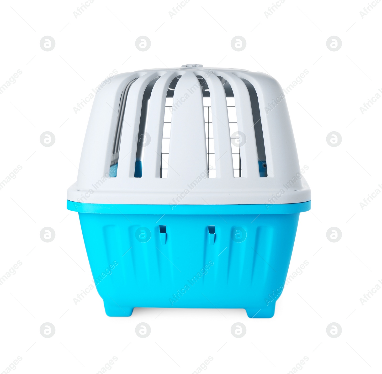 Photo of Light blue pet carrier isolated on white