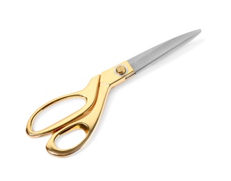 Photo of New sharp gold scissors on white background