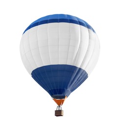 Image of Bright hot-air balloon with wicker basket on white background