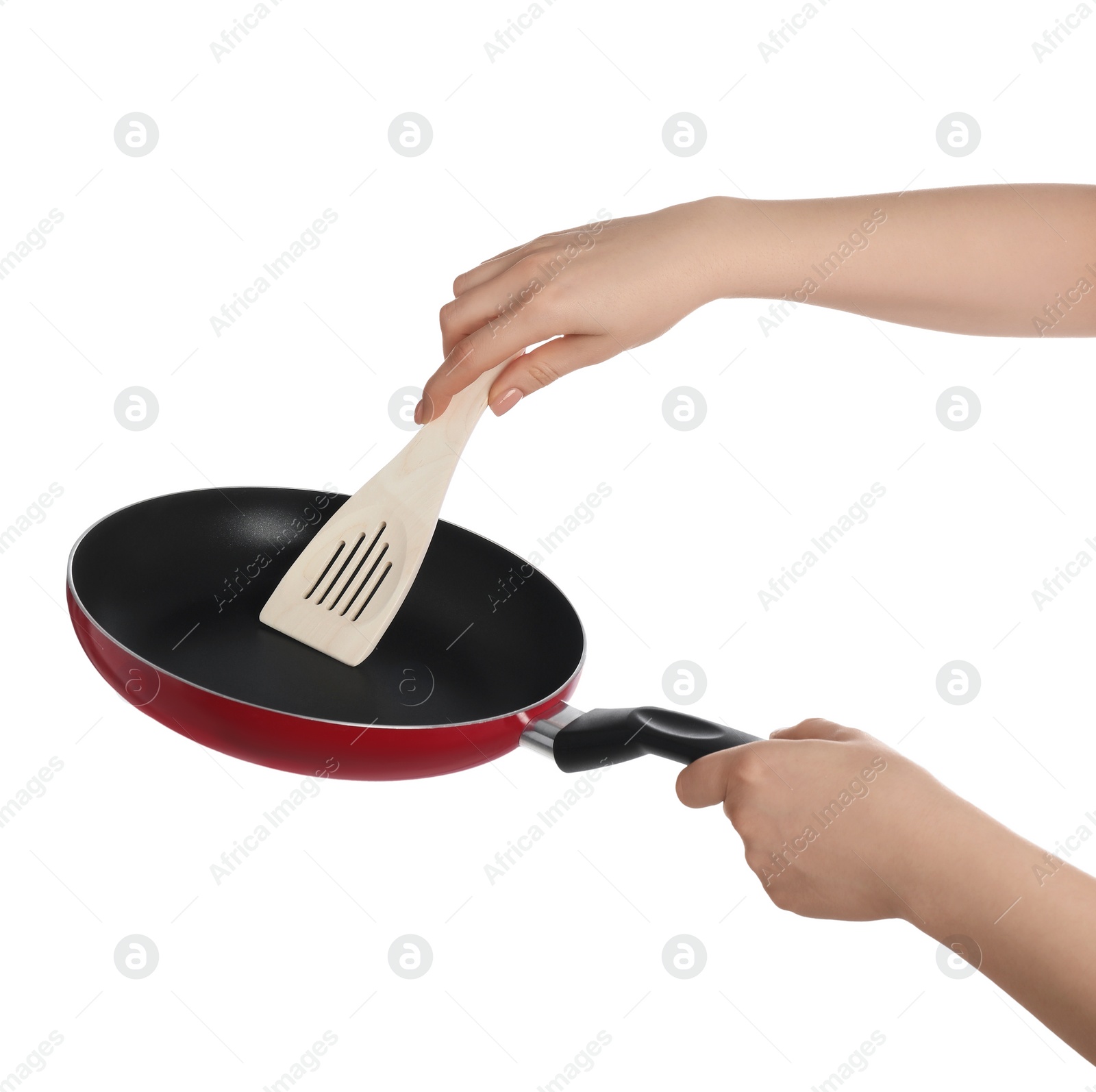 Photo of Woman with spatula and frying pan on white background, closeup