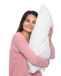 Sleepy young woman with soft pillow on white background