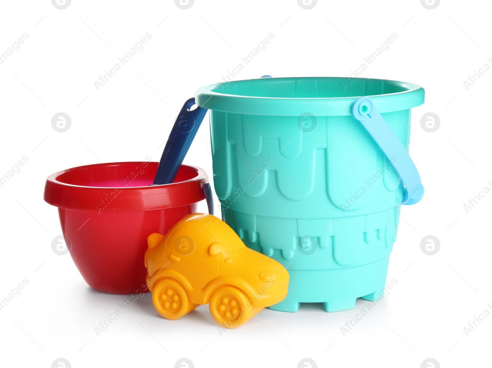 Photo of Set of plastic beach toys on white background