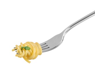 Fork with tasty pasta isolated on white