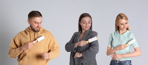 Image of People cleaning clothes with lint rollers on grey background, collage. Banner design