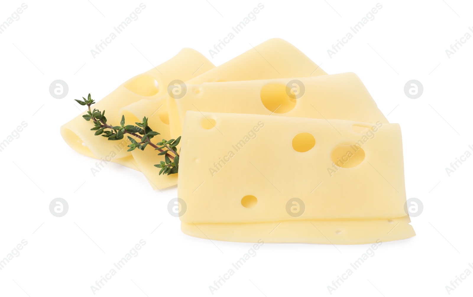 Photo of Slices of tasty fresh cheese and thyme isolated on white