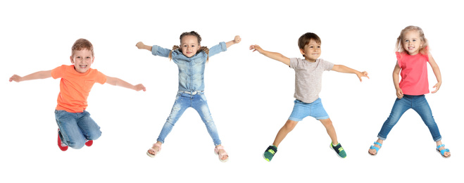 Image of Collage of jumping children on white background, banner design. First time to school
