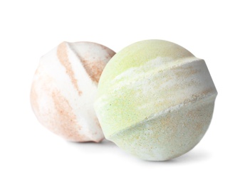 Photo of Bath bombs on white background. Spa products