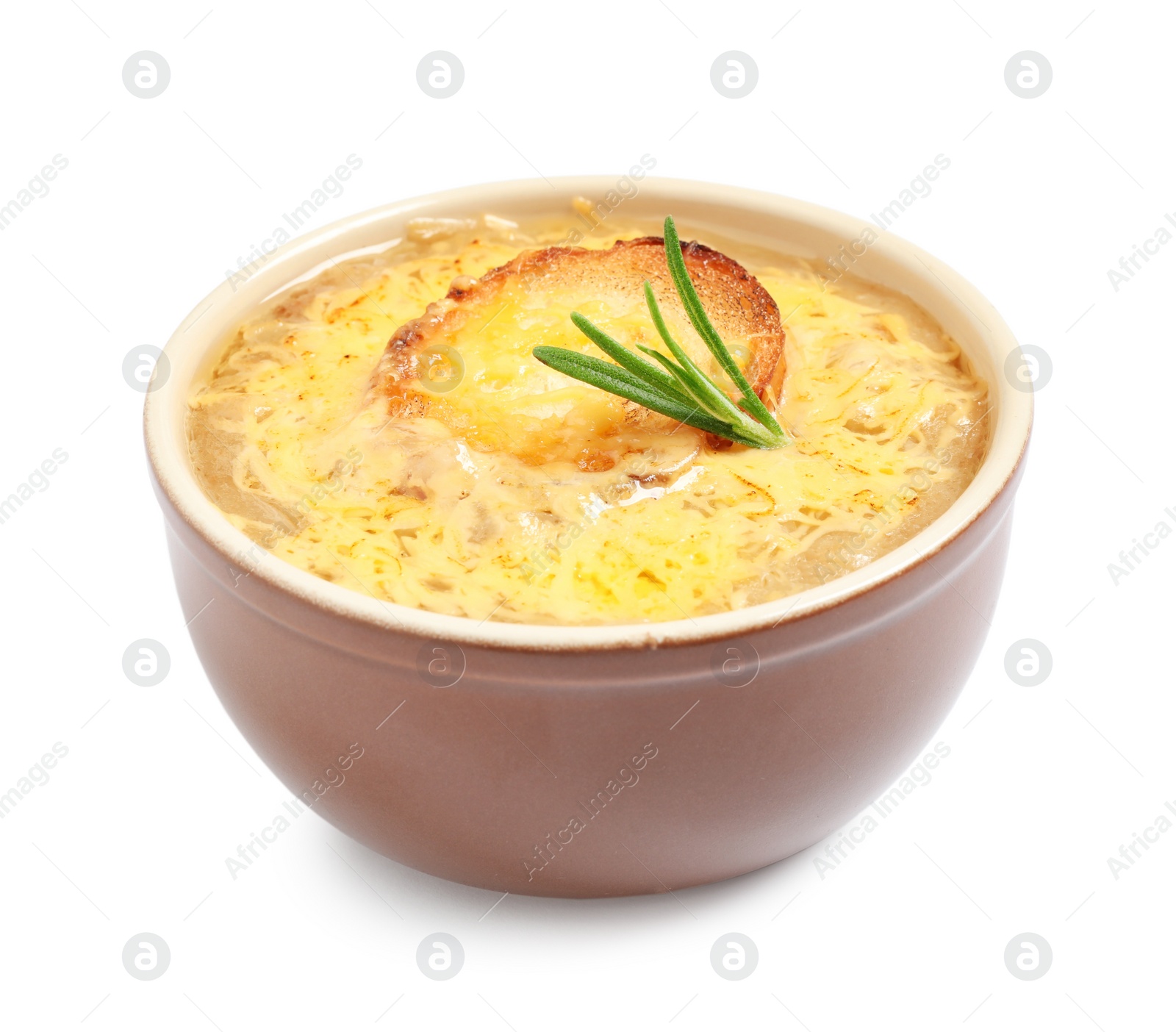 Photo of Tasty homemade french onion soup isolated on white