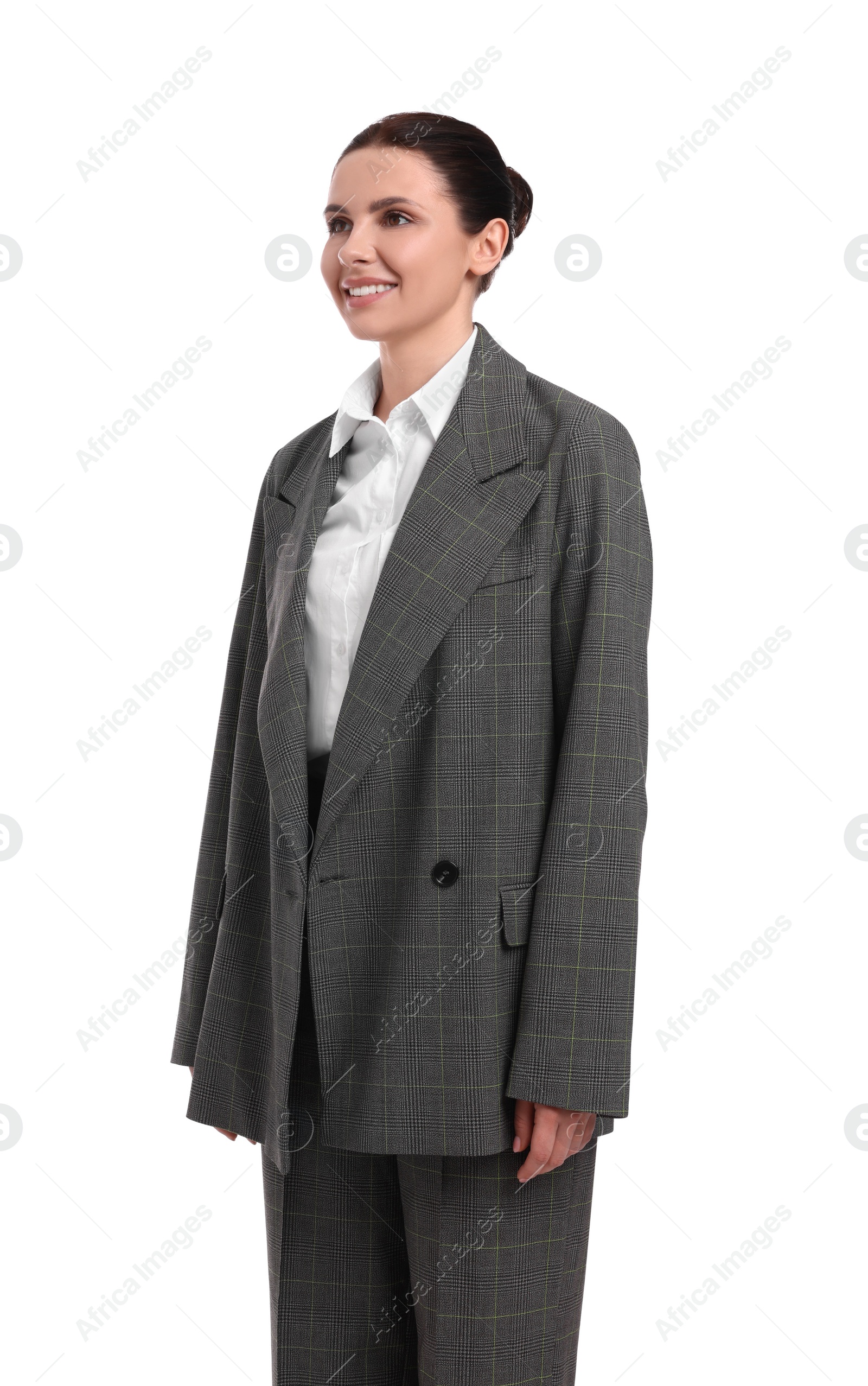 Photo of Beautiful happy businesswoman in suit on white background