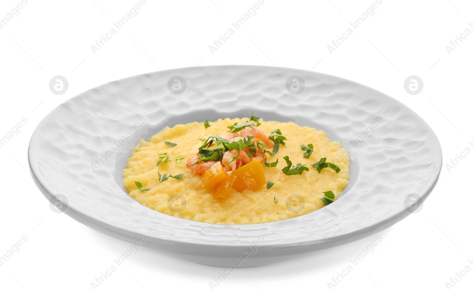 Photo of Plate with fresh tasty shrimp and grits on white background