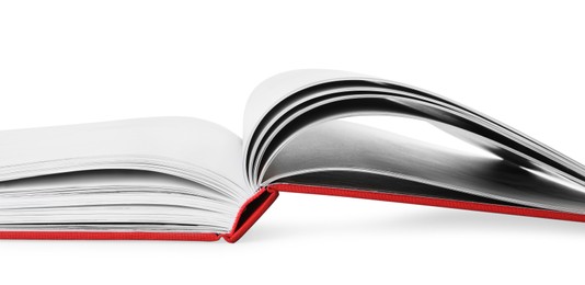 Photo of Open book with red cover on white background, closeup