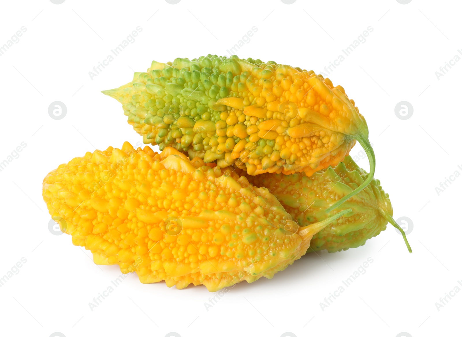 Photo of Fresh ripe bitter melons on white background