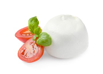 Delicious mozzarella, tomatoes and basil leaves on white background
