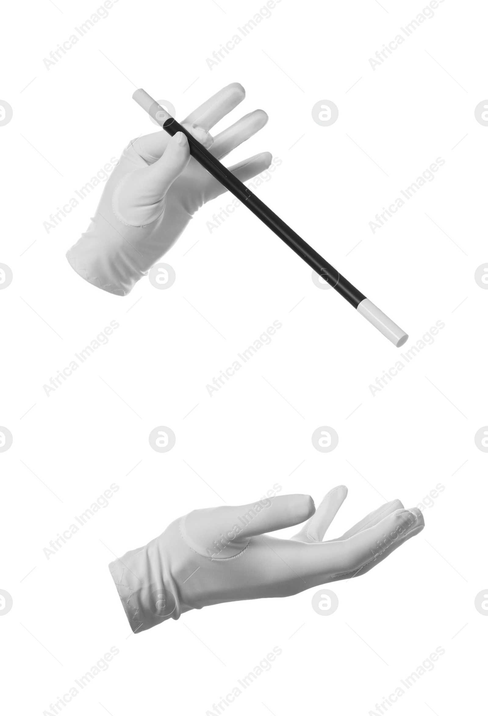 Photo of Magician with magic wand on white background, closeup