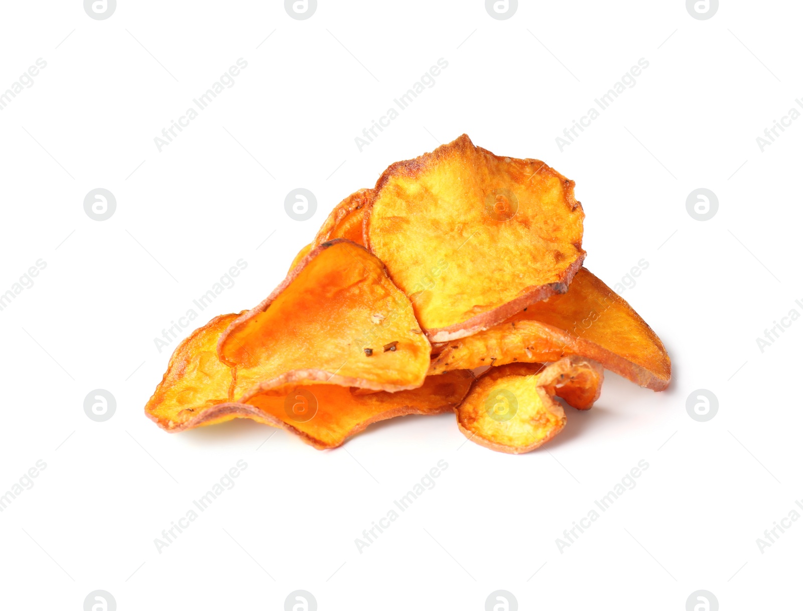 Photo of Pile of sweet potato chips isolated on white