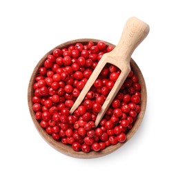 Photo of Aromatic spice. Red pepper in bowl and scoop isolated on white, top view