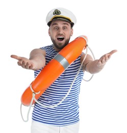 Photo of Happy sailor with ring buoy on white background