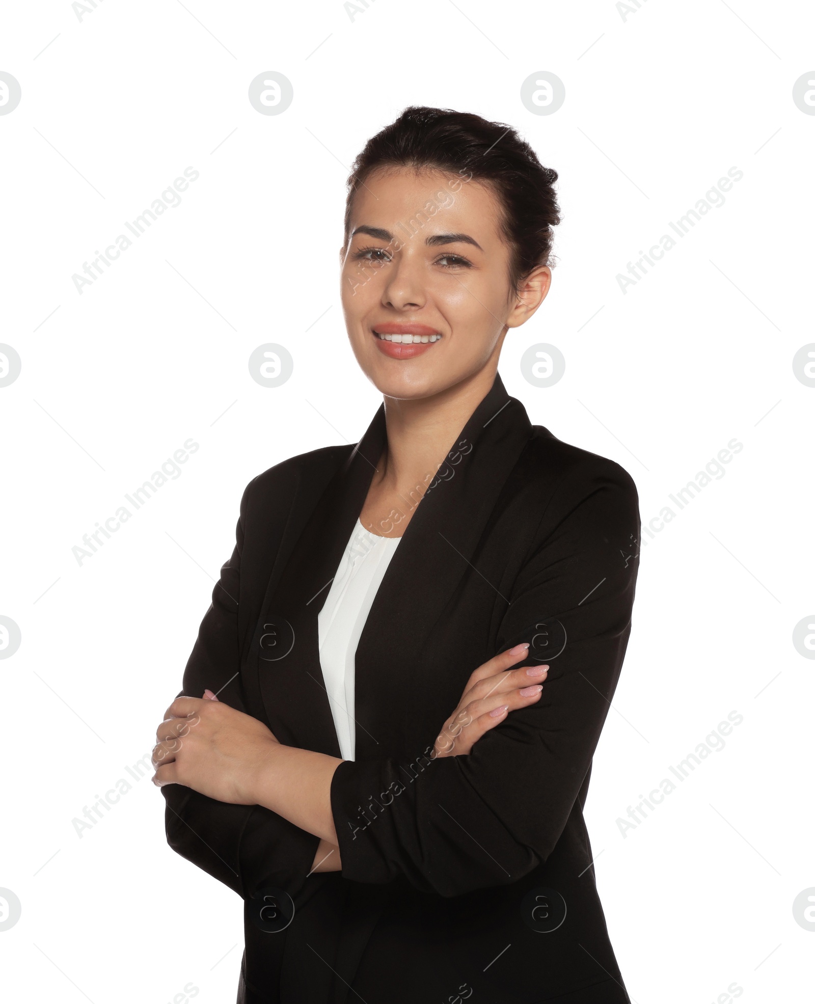 Photo of Portrait of hostess in uniform on white background