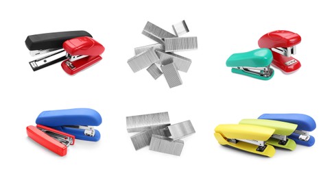 Image of Different colorful staplers and fasteners isolated on white, collection