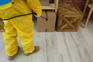 Pest control worker spraying pesticide indoors, closeup