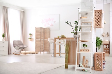 Modern eco style interior with wooden crates and shelves