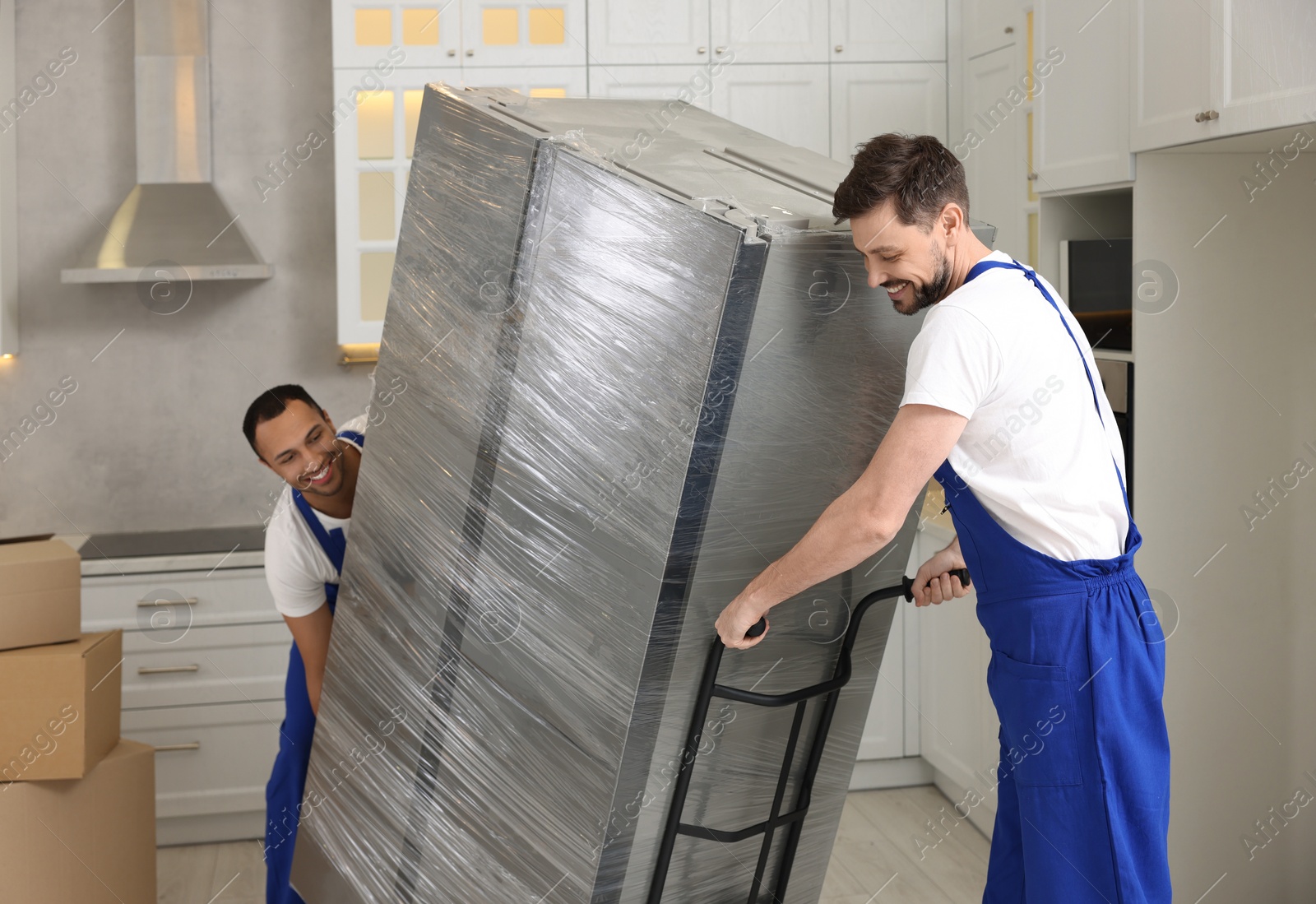 Photo of Male movers carrying refrigerator in new house