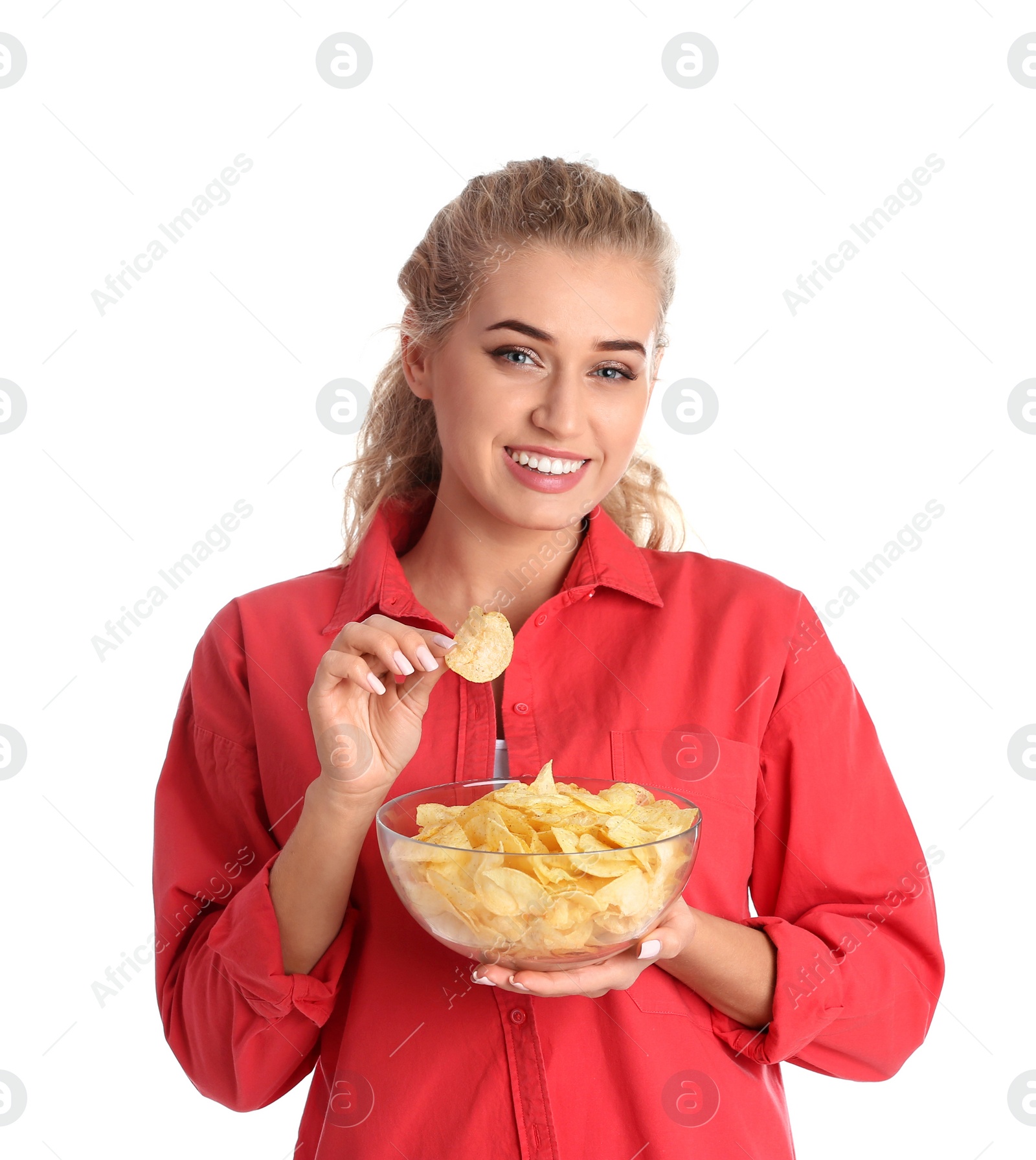 Photo of Woman with bowl of potato chips on white background